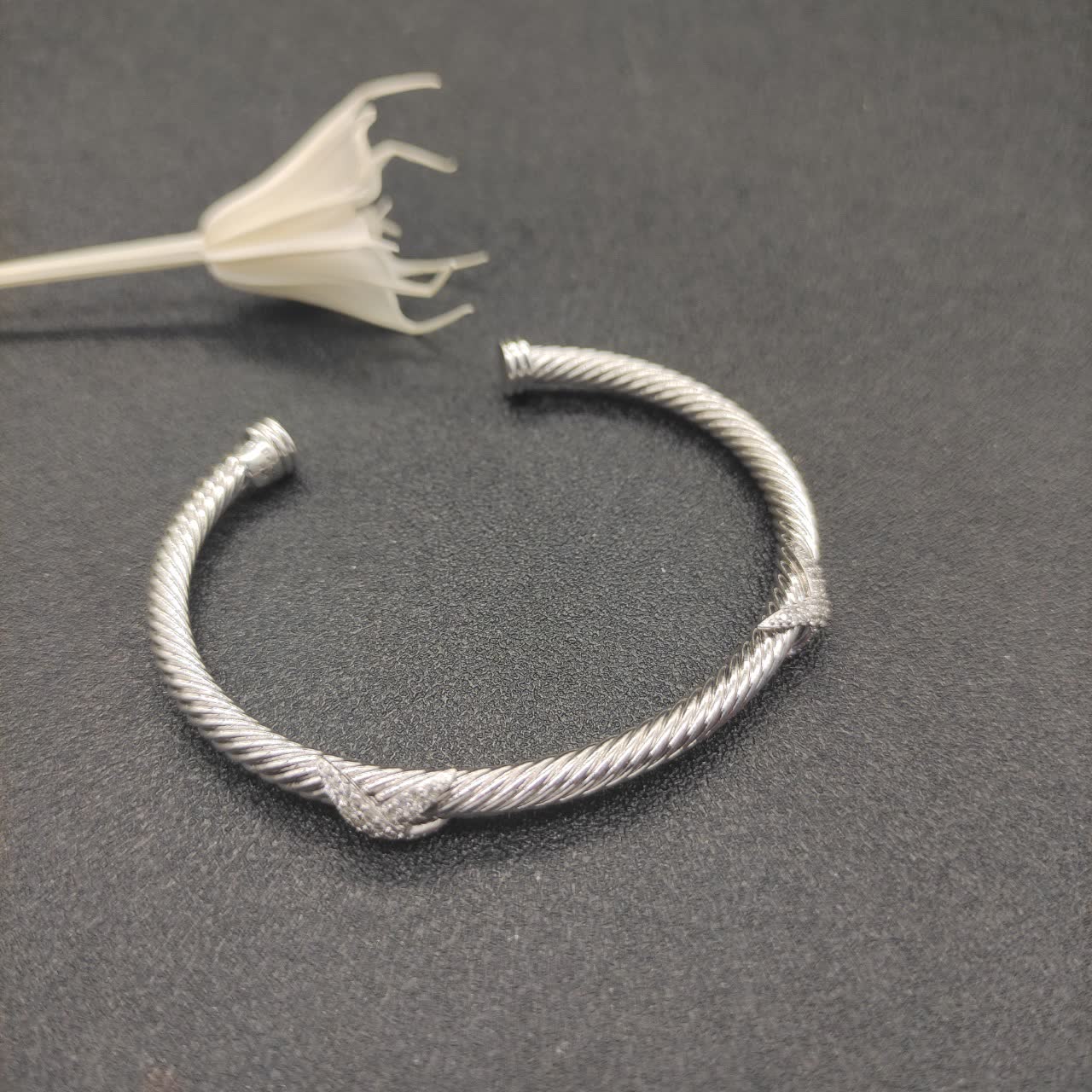 David Yurman Silver Twisted Wire Bracelet with Diamond Accents